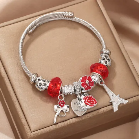 Braccialetto Charm Fai da Te in Acciaio Inossidabile di Moda Con Ciondolo a Quadrifoglio Cuore Stella Torre Strass Smalto Gioielli Regalo per Donna