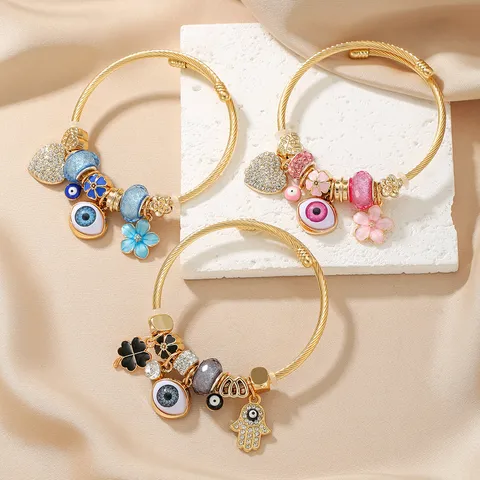 Bracciale Charm Occhio Turco in Lega Strass di Moda Catena da Mano con Perline di Corda Intrecciata in Acciaio Inossidabile per Gioielli da Donna Regalo