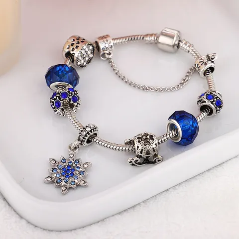 Bracciale con Ciondoli Blu Sognante Natale Fiocco di Neve Carrozza di Zucca Lega Strass Catena Serpente Gioielli Donna