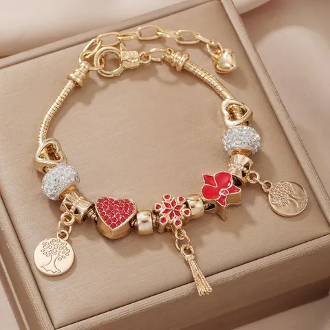 Braccialetto Portafortuna Oro Lusso per Donna Lega di Zinco Strass Fiore Nappa Cuore Ciondolo Catena Serpente Bracciale Gioielli