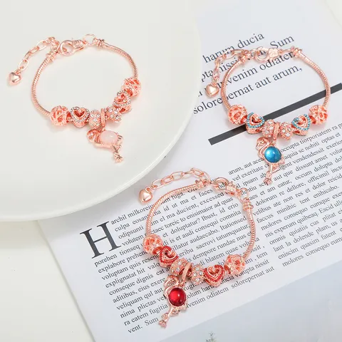 Moda Placcato Oro Rosa Rame Lega Fenicottero Ciondolo Cuore Strass Charm Perline Catena Serpente Braccialetto Charm da Donna