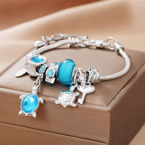 Bracciale Charm Fai da Te Serie Ocean Tartaruga Marina in Lega con Strass Pendente a Tartaruga Catena a Serpente Gioielli Donna
