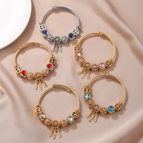 Moda Bracciale Rigido Aperto in Acciaio Inossidabile da Donna Semplice Cavo Intrecciato Con Ciondolo Acchiappasogni Traforato Perline Geometriche Strass Gioielli