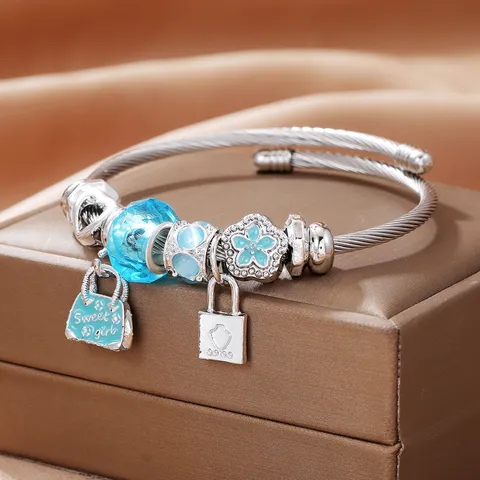 Bracciale Rigido Fai-da-te in Acciaio Inossidabile per Donna Ciondolo a Borsa Fiore Smalto Strass Braccialetto con Charm Gioielli alla Moda
