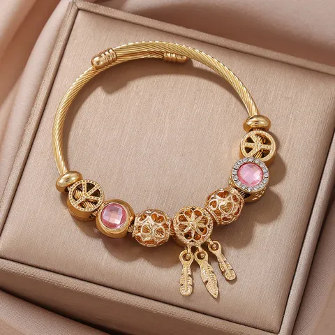 Moda Bracciale Rigido Aperto in Acciaio Inossidabile da Donna Semplice Cavo Intrecciato Con Ciondolo Acchiappasogni Traforato Perline Geometriche Strass Gioielli