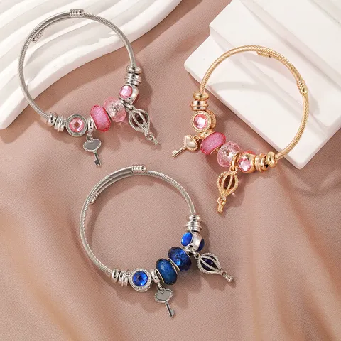 Moda Pulsera de Abalorios DIY de Acero Inoxidable para Mujer Dulce Corazón Llave Globo Aerostático Colgante Strass Cuentas Cadena de Cable Brazalete Joyería Regalo