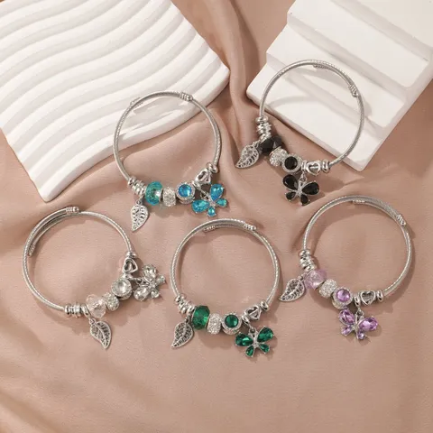 Bracciale Rigido in Acciaio Inossidabile con Ciondolo a Farfalla e Foglia per Donna Lega Strass Fai da Te Aperto Regolabile Stile Foresta Gioielli