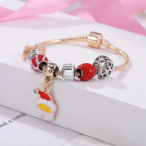 Natale Cartone Animato Babbo Natale Ciondolo Perline Braccialetto Rame Lega Strass Smalto Catena Serpente Gioielli Festivi Da Donna