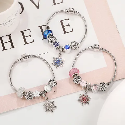 Braccialetto da Donna in Lega di Rame e Vetro Colorato Fai da Te Con Ciondolo a Fiocco di Neve Strass Smalto Catena a Serpente Gioielli Regalo