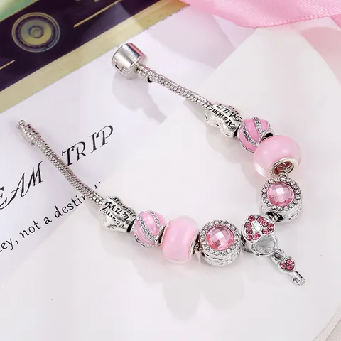 Braccialetto Fai da Te Maille Serpent Rosa Perline di Vetro Strass Cuore Chiave Ciondolo Bracciale da Donna Gioielli Regalo