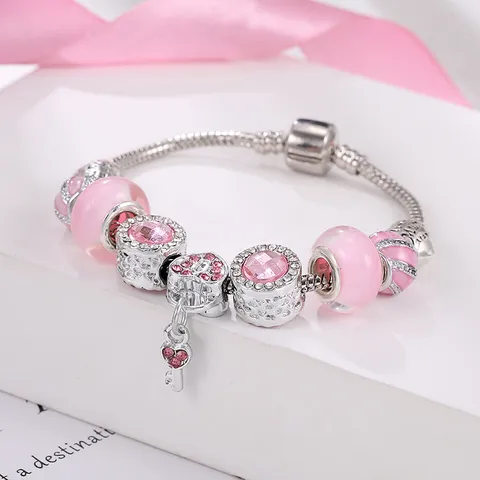 Braccialetto Fai da Te Maille Serpent Rosa Perline di Vetro Strass Cuore Chiave Ciondolo Bracciale da Donna Gioielli Regalo