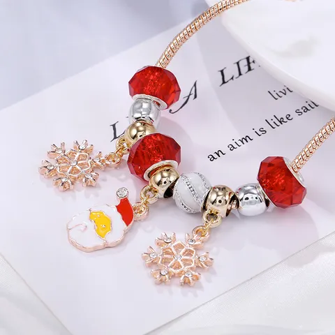 Braccialetto Charm Placcato in Oro Rosa Con Perline di Vetro Rosse Fiocco di Neve Babbo Natale Pendente Braccialetto Regalo di Festa per Uomo Donna Gioielli
