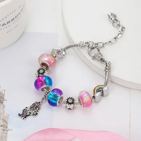 Simpatico Braccialetto Con Ciondolo Unicorno Cartone Animato Per Bambini Stile Dolce Catena Con Perline Regolabile Placcato Argento Bracciale Serpente Perline Multicolore Strass Gioielli Regalo Bambino
