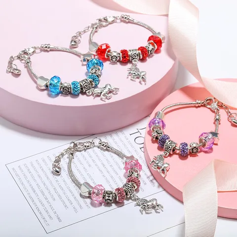 Simpatico Braccialetto Con Ciondolo Unicorno Cartone Animato Per Bambini Stile Dolce Catena Con Perline Regolabile Placcato Argento Bracciale Serpente Perline Multicolore Strass Gioielli Regalo Bambino