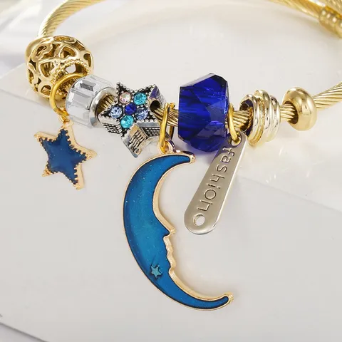 Moda Acciaio Inossidabile Aperto Regolabile Bracciale Rigido Cielo Cosmico Stellato Pianeta Luna Ciondolo Placcato Oro Smalto Lega Strass Orecchini Polsino Bracciale Unisex Gioielli