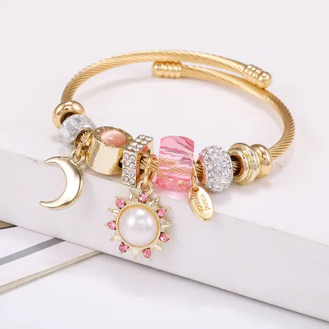 Bracciale con Ciondolo Sole Luna in Lega di Acciaio Inossidabile Donna Placcato Oro Perla Artificiale Strass Bracciale Rigido Gioielli Regalo