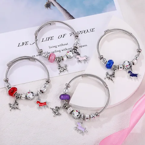 Bracciale Rigido Aperto in Acciaio Inossidabile Ciondoli in Lega Resina Strass Cristallo Farfalla Unicorno Regolabile Gioielli da Donna