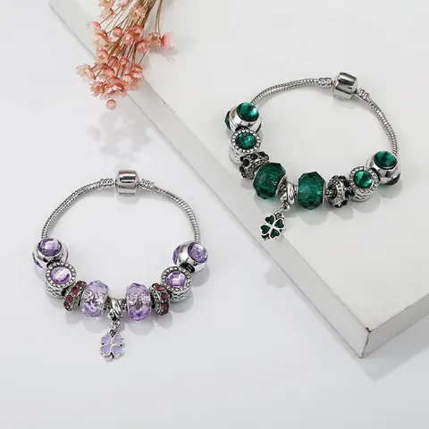 Braccialetto Quadrifoglio per Donna DIY Perline con Foro Grande Lega Rame Strass Gioielli Catena Serpente Bracciale Regalo