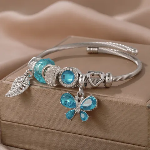 Bracciale Rigido in Acciaio Inossidabile con Ciondolo a Farfalla e Foglia per Donna Lega Strass Fai da Te Aperto Regolabile Stile Foresta Gioielli