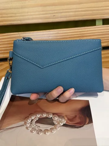 Borsa a Pochette in Vera Pelle per Donna Grande Capacità Portafoglio da Polso Cerniera Custodia Cellulare Casual Tinta Unita