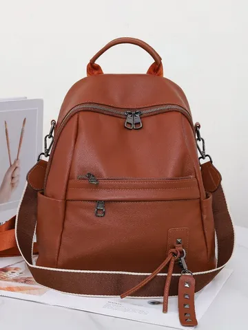 Women Genuine Leather Backpack Vintage Casual Daypack Top Layer Cowhide Travel School Bag Multi Pockets
