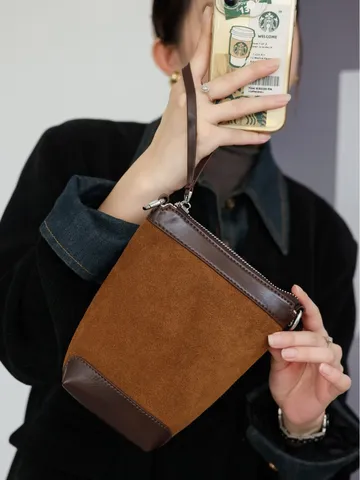 Mujer Moda Color Contraste Bolso Bandolera Cubo Teléfono Pequeño Cuero Sintético Paja Bolso Hombro