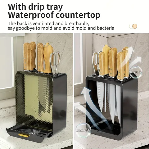 Portacoltelli da Cucina in Plastica Blocco Coltelli da Bancone Organizer con Copertura Antipolvere e Cassetto