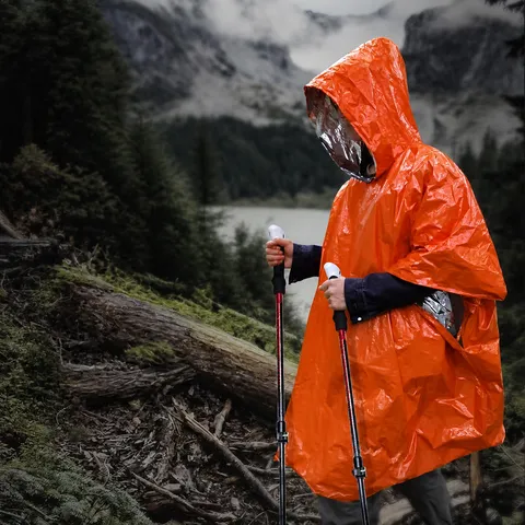 Portable PE Aluminized Emergency Raincoat Waterproof Windproof Thermal Survival Rain Poncho For Outdoor Camping Hiking