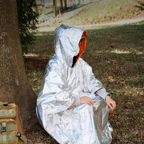 Portable PE Aluminized Emergency Raincoat Waterproof Windproof Thermal Survival Rain Poncho For Outdoor Camping Hiking