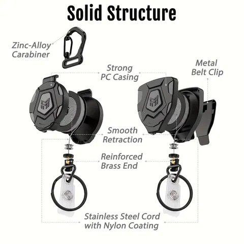 Porte-Clés Rétractable Extérieur Bouclier Diamant Noir Câble en Acier Robuste Anti-Perte Enrouleur de Badge