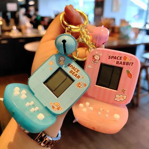 Mini Retro Game Console Keychain Cute Plastic Pocket Handheld Electronic Video Arcade Toy Pendant Keyring With Bell For Friends Kids Gift