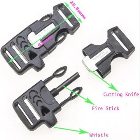 Multi-Functional Tactical Survival Buckle Plastic Metal Side Release Buckle With Flint Fire Starter Paracord Gear