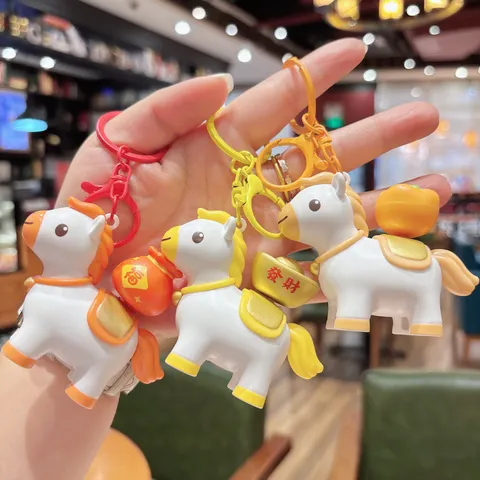 Cute Plastic Cartoon Zodiac Horse Rotating Keychain With Sound Auspicious Ingot Bag Pendant Creative Lucky Hanging Ornament Car Key Ring Charm For Daily Birthday Party Unisex Accessories