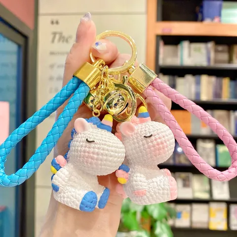 Cute Resin Rainbow Unicorn Keychain Cartoon Car Key Ring Colorful Braided Cord Bell Ornament School Bag Backpack Pendant Accessory Charm Gift