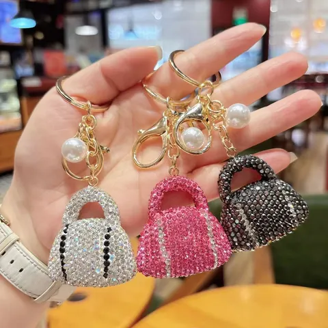 Mode Luxuriöse Strass Handtasche Schlüsselanhänger Glitzer Vollkristalle Geldbörse Auto Schlüsselanhänger Anhänger Mit Künstlicher Perle Tasche Charme Geschenk Für Damen