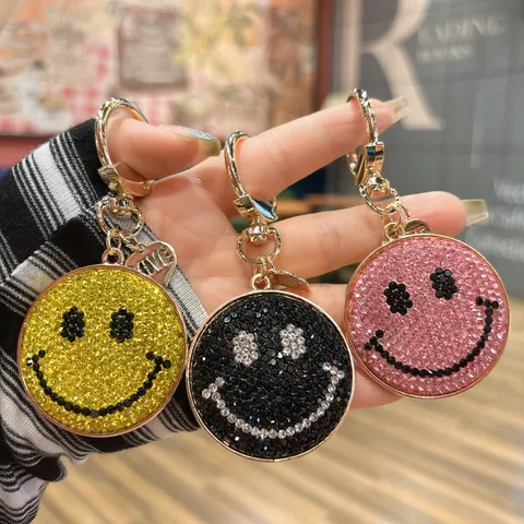 Alloy Rhinestone Smiley Face Keychain Cute Crystal Smile Purse Charm Heart Love Pendant Car Key Ring Bag Accessories For Women Girl Gift