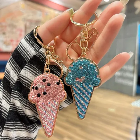 Cute Alloy Rhinestone Ice Cream Keychain Crystal Filled Pave Car Key Ring Pendant Heart Charm Bag Hanging Ornament Jewelry