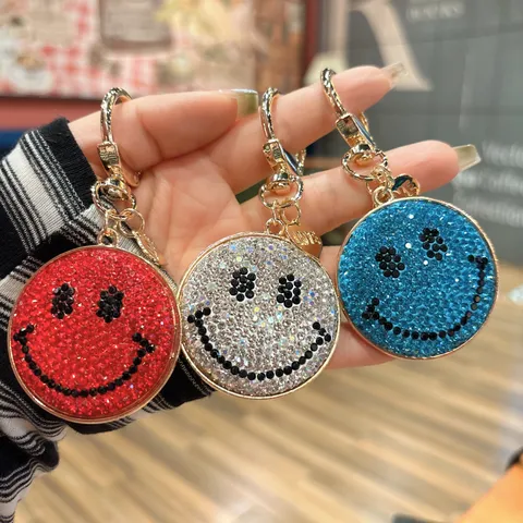 Alloy Rhinestone Smiley Face Keychain Cute Crystal Smile Purse Charm Heart Love Pendant Car Key Ring Bag Accessories For Women Girl Gift