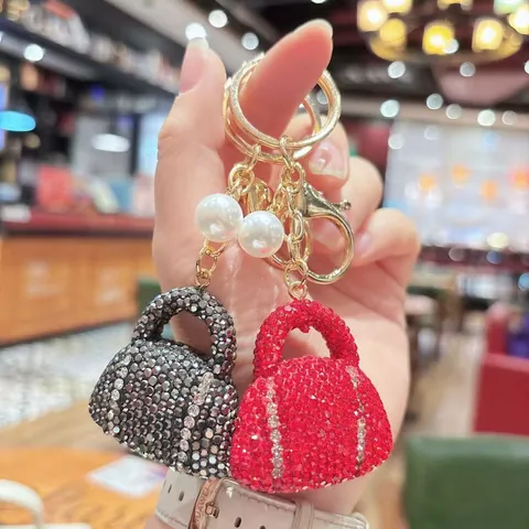 Luxury Alloy Pave Rhinestone Handbag Keychain Glitter Crystal Mini Purse Bag Car Key Ring Charm With Artificial Pearl Pendant Gift For Women