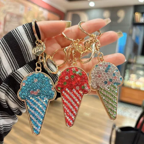 Cute Alloy Rhinestone Ice Cream Keychain Crystal Filled Pave Car Key Ring Pendant Heart Charm Bag Hanging Ornament Jewelry