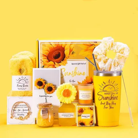 Sunflower Theme Bath Gift Set With Stainless Steel Tumbler Soy Wax Candle Scented Soap Bath Bomb Socks For Women Gift