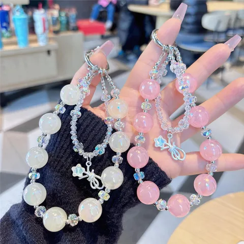 Luxury Acrylic Crystal Beaded Phone Lanyard Elegant Star Bowknot Bag Charm Fashion Keychain Women Gift Wrist Strap