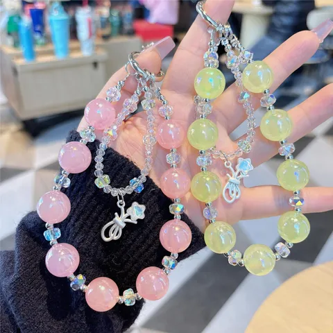 Luxury Acrylic Crystal Beaded Phone Lanyard Elegant Star Bowknot Bag Charm Fashion Keychain Women Gift Wrist Strap