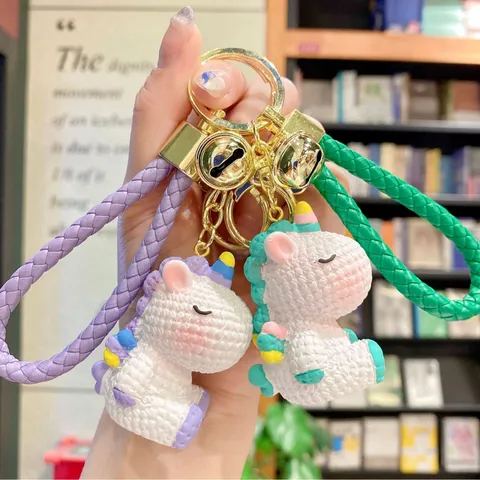 Cute Resin Rainbow Unicorn Keychain Cartoon Car Key Ring Colorful Braided Cord Bell Ornament School Bag Backpack Pendant Accessory Charm Gift