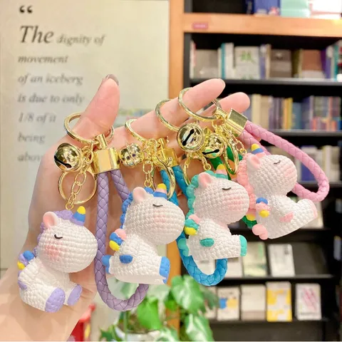Cute Resin Unicorn Keychain Braided Cord Metal Bell Pendant Cartoon Pony Bag Hanging Ornament Key Ring Charm For Backpack Accessories