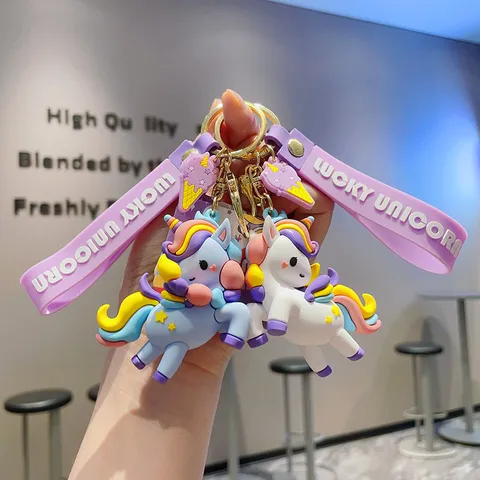 Cute Cartoon Rainbow Unicorn Keychain PVC Animal Figure Pendant Bag Charm Car Key Ring Gift With Lanyard For Couples Kids Accessories