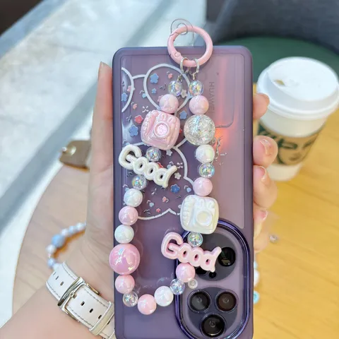 Cute Macaron Beaded Phone Lanyard Keychain Camera Good Letter Charm Acrylic Phone Hanging Chain Bag Accessory For Women Kids