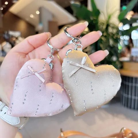 Cute Cotton Heart Keychain Rhinestone Bowknot Bag Charm Sweet Pendant Key Ring For Handbag Phone Girl Gift Accessories
