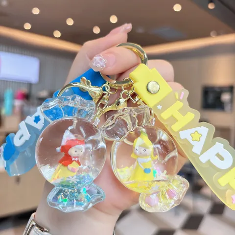 Cute Acrylic Liquid Quicksand Candy House Girl Keychain Creative Floating Doll School Bag Pendant Gift Key Ring Accessory