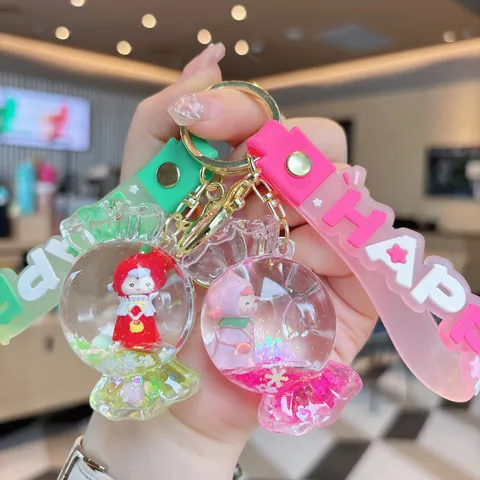 Cute Acrylic Liquid Quicksand Candy House Girl Keychain Creative Floating Doll School Bag Pendant Gift Key Ring Accessory
